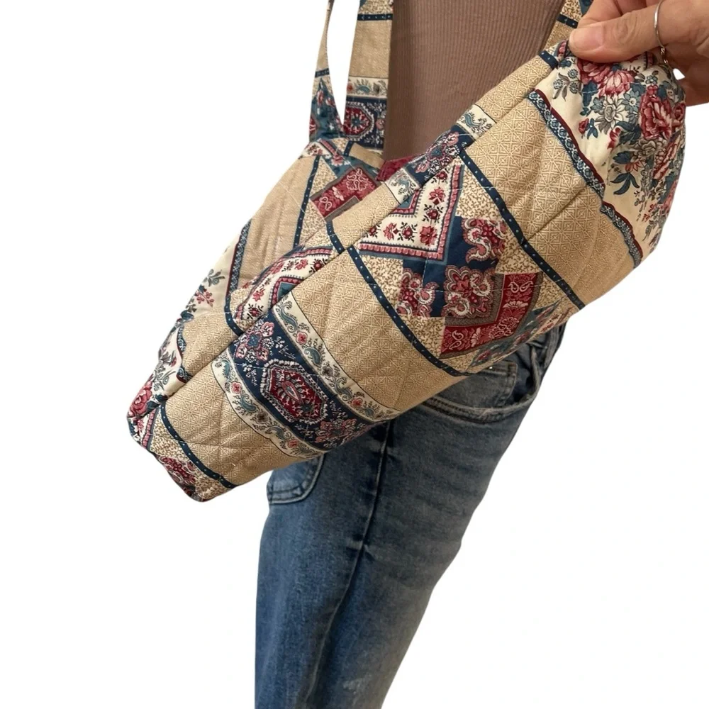 Vintage 90s handmade quilted floral stripe tote bag pink blue cream